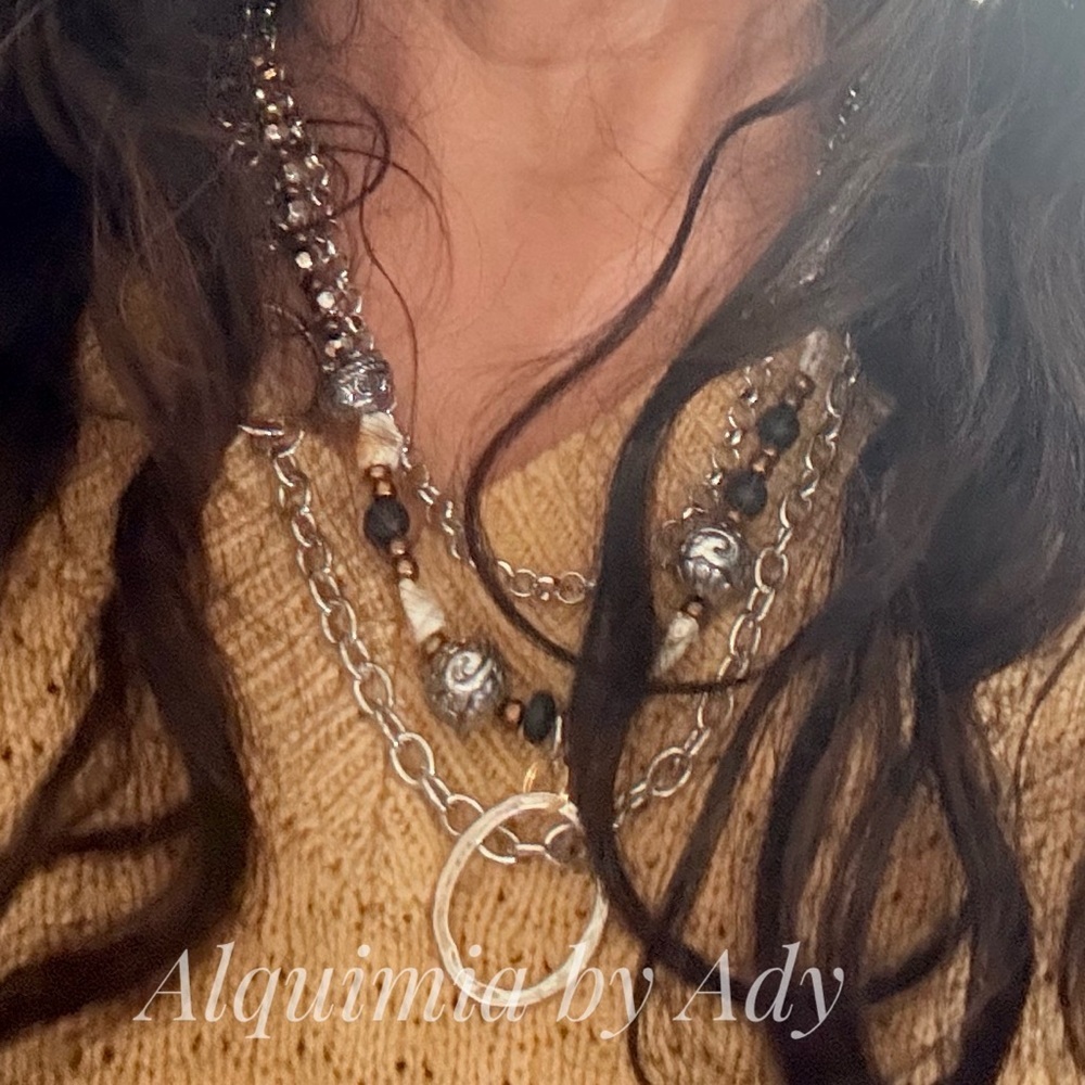 Alquimia Silver and Brown Layered Necklace with shells and lava rocks